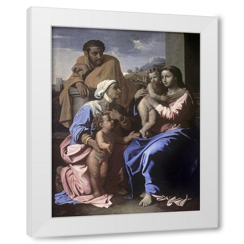 The Holy Family with John the Baptist and St. Elizabeth White Modern Wood Framed Art Print by Poussin, Nicolas