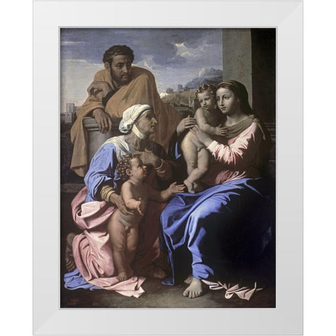 The Holy Family with John the Baptist and St. Elizabeth White Modern Wood Framed Art Print by Poussin, Nicolas