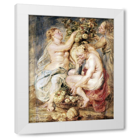 Ceres and Two Nymphs with a Cornucopia White Modern Wood Framed Art Print by Rubens, Peter Paul