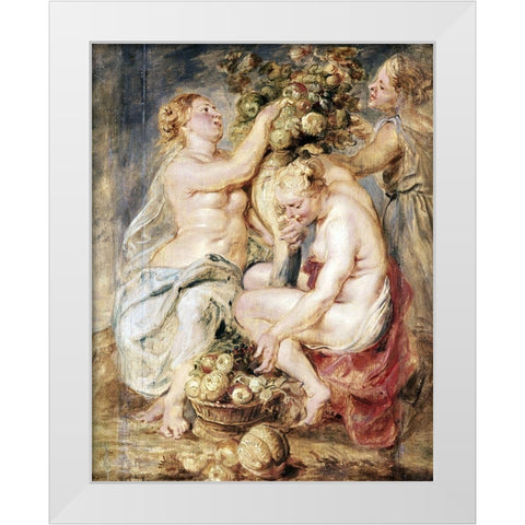 Ceres and Two Nymphs with a Cornucopia White Modern Wood Framed Art Print by Rubens, Peter Paul