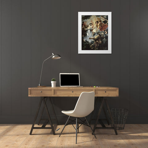 The Queens Reconciliation with Her Son White Modern Wood Framed Art Print by Rubens, Peter Paul