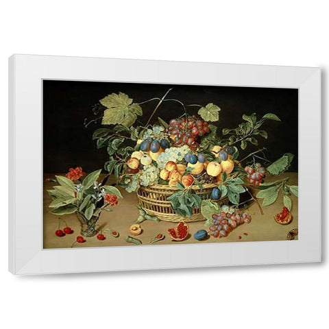 A Still Life of Fruit and Flowers in a Basket White Modern Wood Framed Art Print by Van Hulsdonck, Jacob