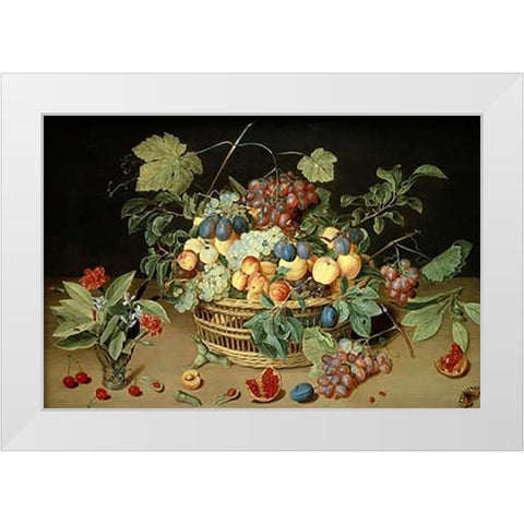 A Still Life of Fruit and Flowers in a Basket White Modern Wood Framed Art Print by Van Hulsdonck, Jacob