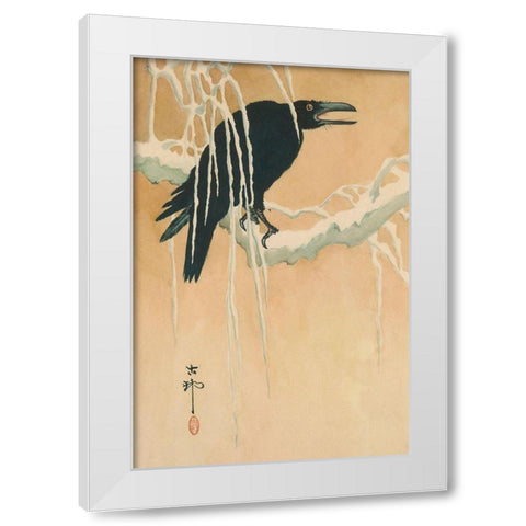 Blackbird in snow, 1885 White Modern Wood Framed Art Print by Ikeda, Koson