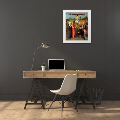 Calvary With Donor White Modern Wood Framed Art Print by Bosch, Hieronymus