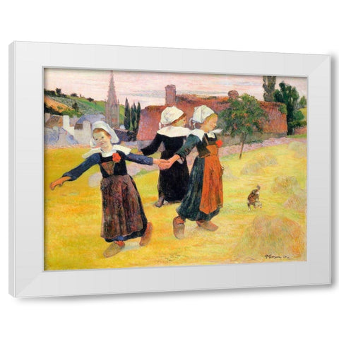 Dancing A Round In The Haystacks White Modern Wood Framed Art Print by Gauguin, Paul