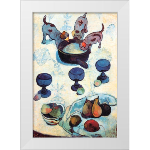 Still Life With Three Puppies White Modern Wood Framed Art Print by Gauguin, Paul