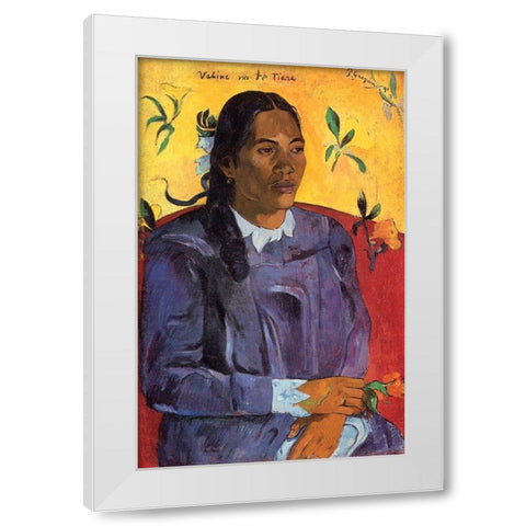 Woman With A Flower White Modern Wood Framed Art Print by Gauguin, Paul