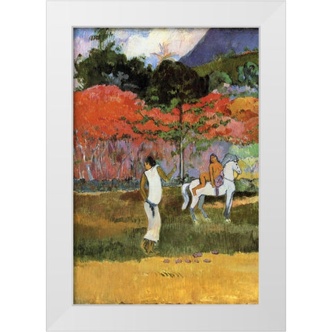 Women And White Horse Detail White Modern Wood Framed Art Print by Gauguin, Paul