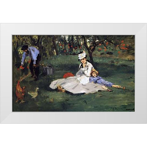 Monet Family in their Garden White Modern Wood Framed Art Print by Manet, Edouard
