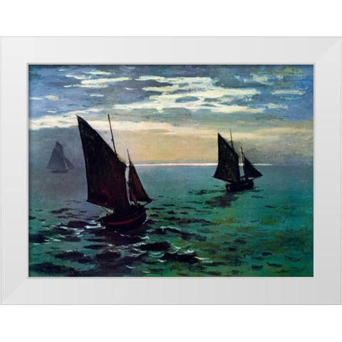 Boats Leaving The Harbor White Modern Wood Framed Art Print by Monet, Claude