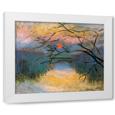 Coucher de soleil sur la Seine a Vetheuil White Modern Wood Framed Art Print by Monet, Claude