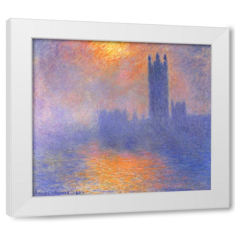 Houses Of Parliment Through The Fog White Modern Wood Framed Art Print by Monet, Claude