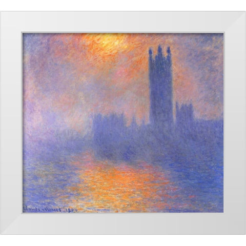 Houses Of Parliment Through The Fog White Modern Wood Framed Art Print by Monet, Claude