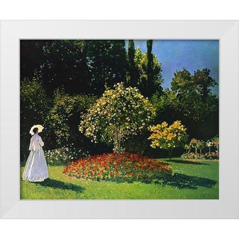 Lady In The Garden 1867 White Modern Wood Framed Art Print by Monet, Claude