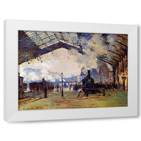 St Lazare Station The Arrival Of The Train From Normandy White Modern Wood Framed Art Print by Monet, Claude
