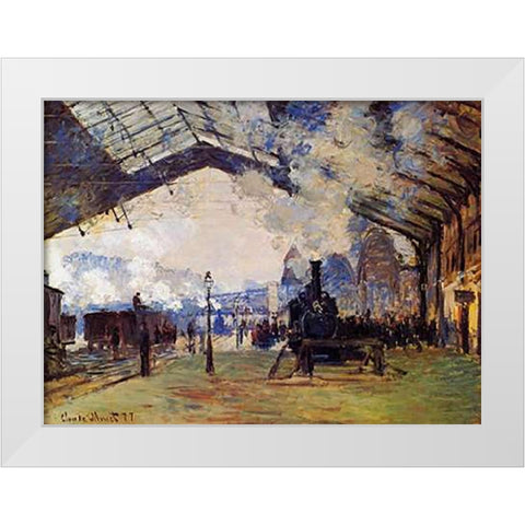 St Lazare Station The Arrival Of The Train From Normandy White Modern Wood Framed Art Print by Monet, Claude