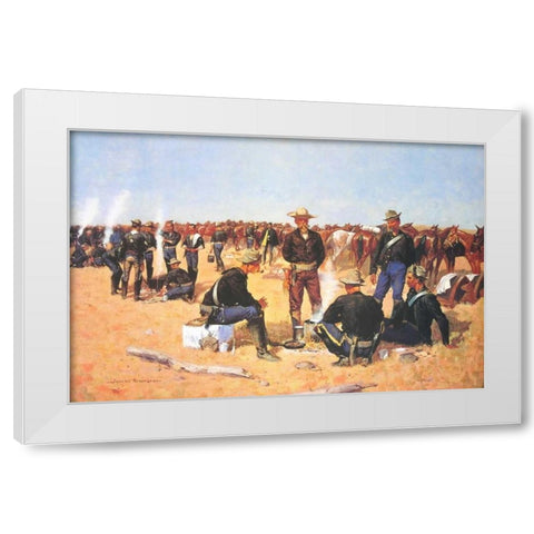 A Cavalrymans Breakfast On The Plains White Modern Wood Framed Art Print by Remington, Frederic