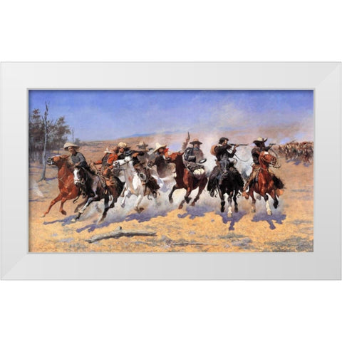 A Dash For Timber White Modern Wood Framed Art Print by Remington, Frederic