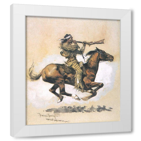 Buffalo Hunter Spitting A Bullet Into A Gun White Modern Wood Framed Art Print by Remington, Frederic
