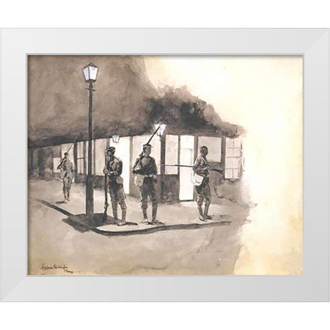 Illinois Natl Guards Picket In Streets Of Chicago White Modern Wood Framed Art Print by Remington, Frederic