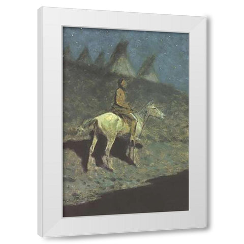 Indian In The Moonlight White Modern Wood Framed Art Print by Remington, Frederic