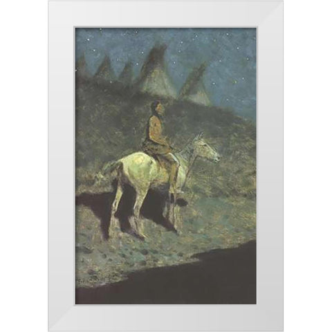 Indian In The Moonlight White Modern Wood Framed Art Print by Remington, Frederic