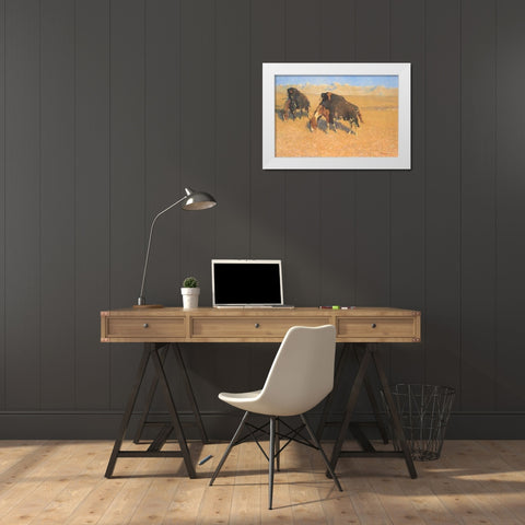 Indians Simulating Buffalo White Modern Wood Framed Art Print by Remington, Frederic