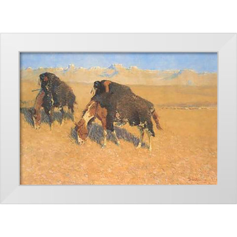 Indians Simulating Buffalo White Modern Wood Framed Art Print by Remington, Frederic