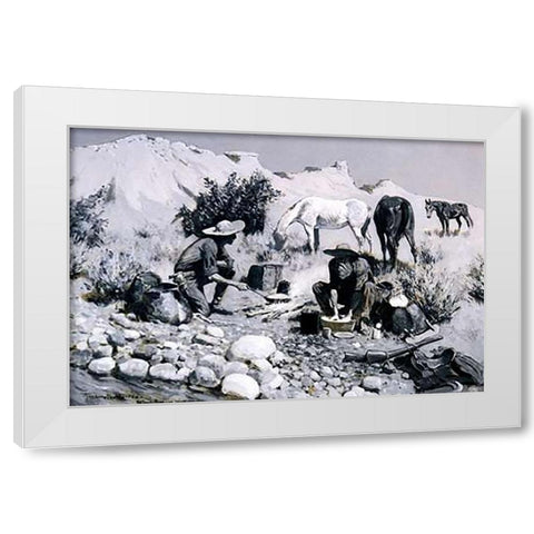 Prospectors Making Frying Pan Bread White Modern Wood Framed Art Print by Remington, Frederic