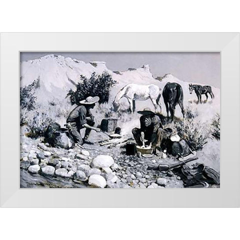 Prospectors Making Frying Pan Bread White Modern Wood Framed Art Print by Remington, Frederic