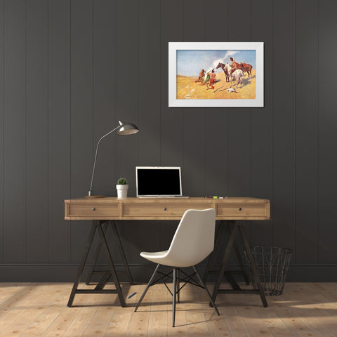 The Smoke Signal White Modern Wood Framed Art Print by Remington, Frederic