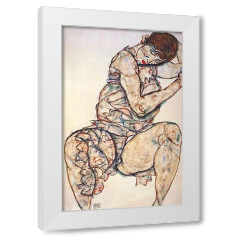 Seated Woman With Left Hand In Hair White Modern Wood Framed Art Print by Schiele, Egon