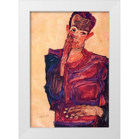 Self Portrait With Hand To Cheek White Modern Wood Framed Art Print by Schiele, Egon
