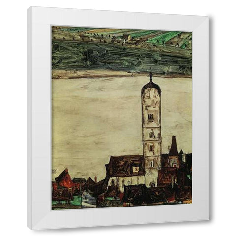 Stein On The Danube From The Kreuzberg 1913 White Modern Wood Framed Art Print by Schiele, Egon
