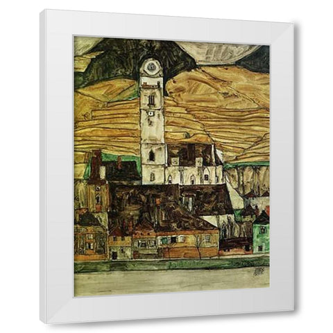Stein On The Danube From The South 1913 White Modern Wood Framed Art Print by Schiele, Egon
