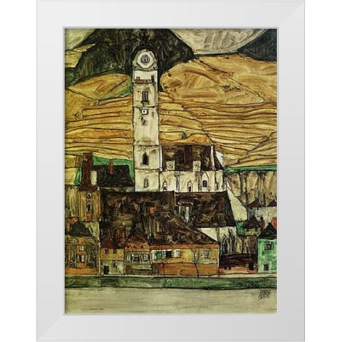 Stein On The Danube From The South 1913 White Modern Wood Framed Art Print by Schiele, Egon