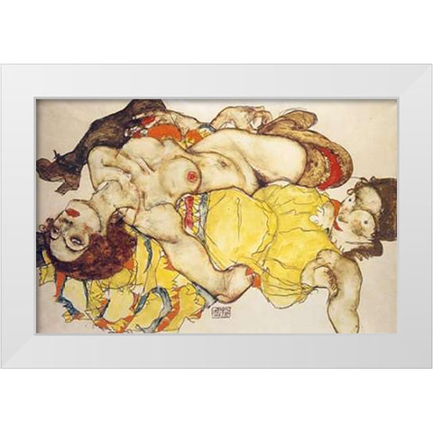 Two Girls Lying Entwined White Modern Wood Framed Art Print by Schiele, Egon