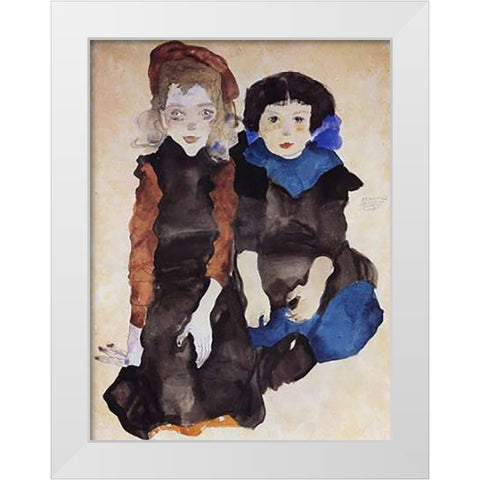 Two Little Girls White Modern Wood Framed Art Print by Schiele, Egon