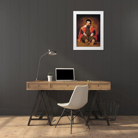 A Dwarf Sitting On The Floor White Modern Wood Framed Art Print by Velazquez, Diego