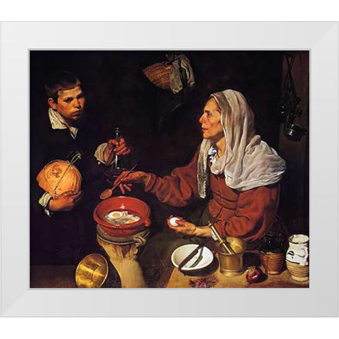Old Woman Cooking Eggs White Modern Wood Framed Art Print by Velazquez, Diego