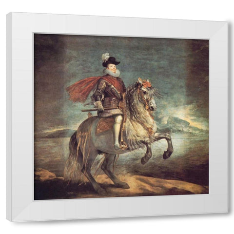 Philip III On Horseback White Modern Wood Framed Art Print by Velazquez, Diego