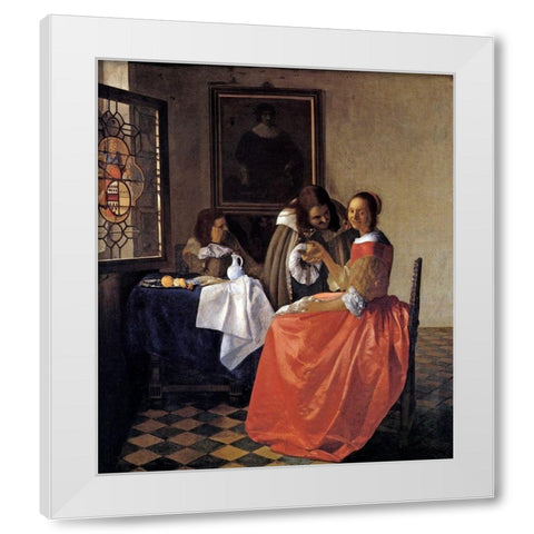 A Lady And Two Gentlemen White Modern Wood Framed Art Print by Vermeer, Johannes
