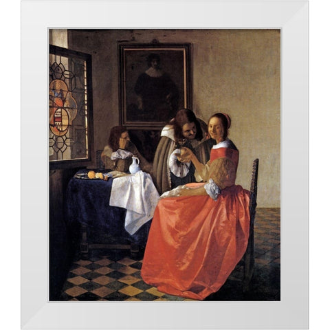 A Lady And Two Gentlemen White Modern Wood Framed Art Print by Vermeer, Johannes