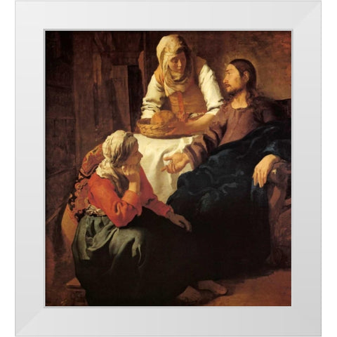 Christ In The House Of Mary And Martha White Modern Wood Framed Art Print by Vermeer, Johannes