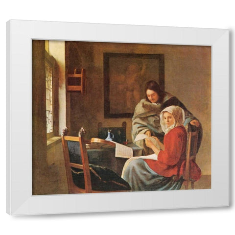 Gentleman And The Girl With Music White Modern Wood Framed Art Print by Vermeer, Johannes