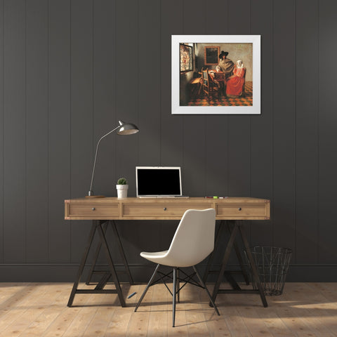 Gentleman And Woman Drinking White Modern Wood Framed Art Print by Vermeer, Johannes