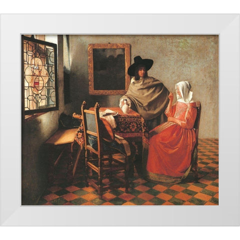 Gentleman And Woman Drinking White Modern Wood Framed Art Print by Vermeer, Johannes