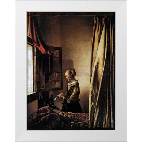 Girl Reading A Letter At An Open Window White Modern Wood Framed Art Print by Vermeer, Johannes
