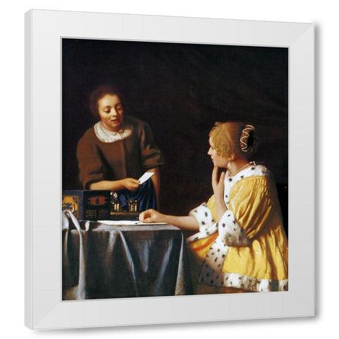 Lady With A Maidservant Holding A Letter White Modern Wood Framed Art Print by Vermeer, Johannes